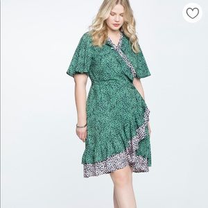 NWT Eloquii Green Contrast Ruffle Wrap Dress (18, adjustable waist, 1X-2X)